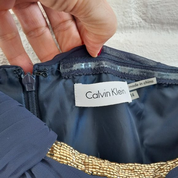 Calvin Klein Evening Dress 14 Blue Sleeveless Gold Beaded Gown One Shoulder Prom - Picture 10 of 11